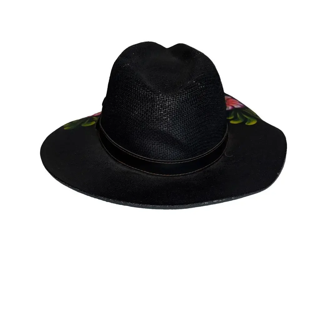 Hand Painted Mexican Artisan Fedora Black Straw Floral Bird Wide Brim Hat